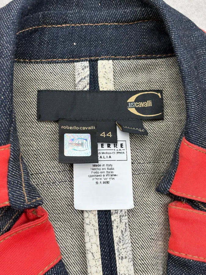 SS2007 Cavalli Navy & Red Royal Embroidered Cropped Denim Jacket dHUdacj 9