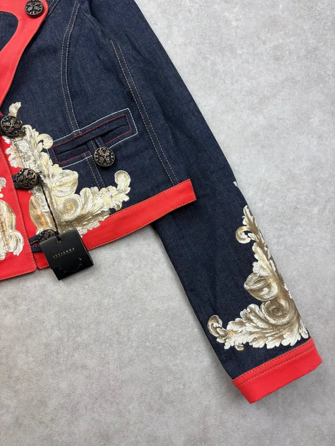 SS2007 Cavalli Navy & Red Royal Embroidered Cropped Denim Jacket dHUdacj 7