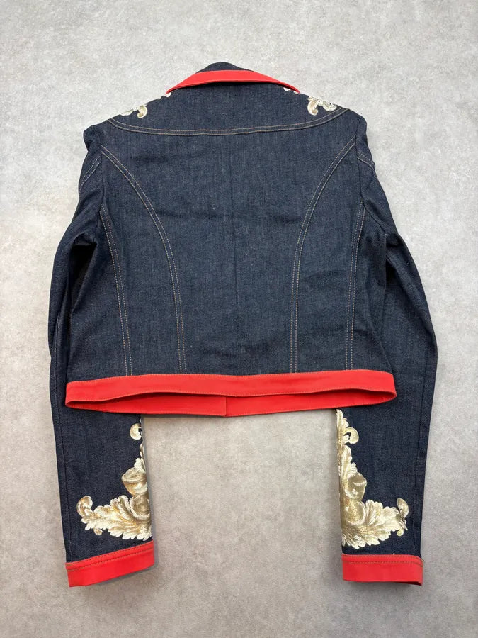 SS2007 Cavalli Navy & Red Royal Embroidered Cropped Denim Jacket dHUdacj 5