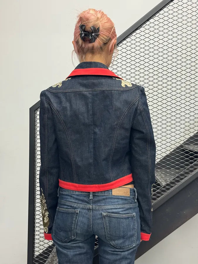 SS2007 Cavalli Navy & Red Royal Embroidered Cropped Denim Jacket dHUdacj 2