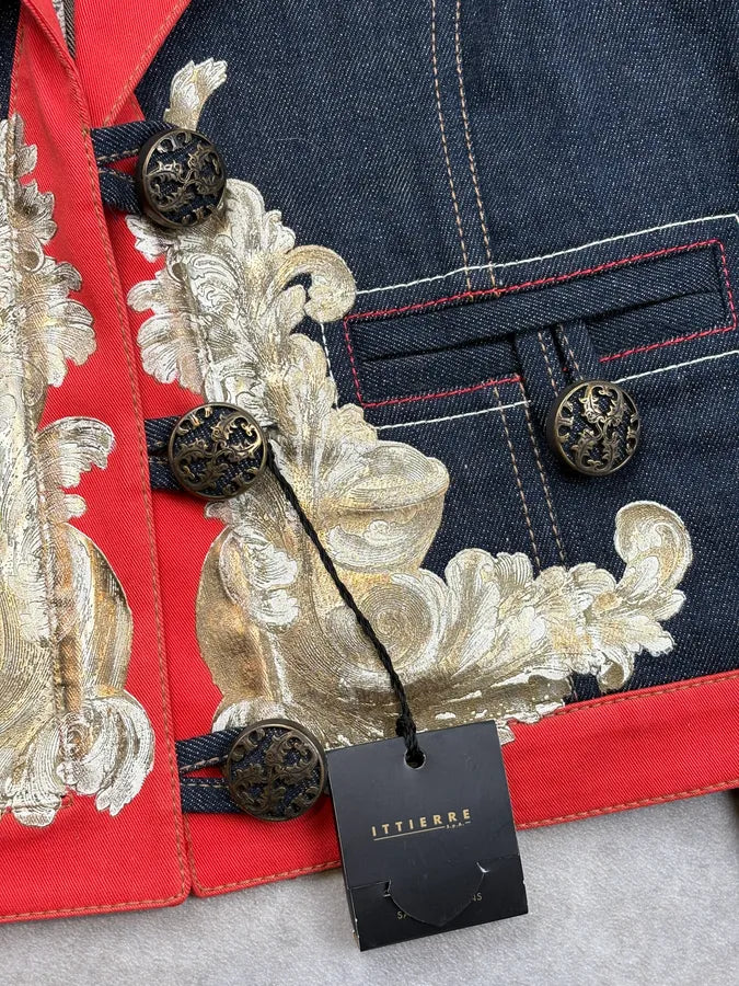 SS2007 Cavalli Navy & Red Royal Embroidered Cropped Denim Jacket dHUdacj 8