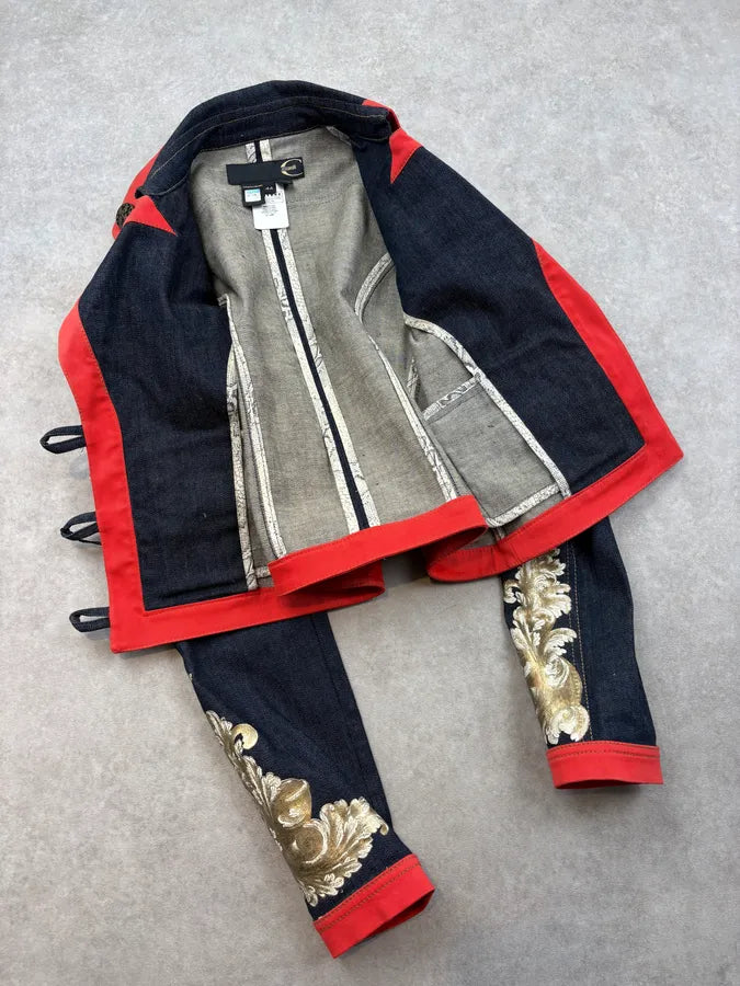SS2007 Cavalli Navy & Red Royal Embroidered Cropped Denim Jacket dHUdacj 6