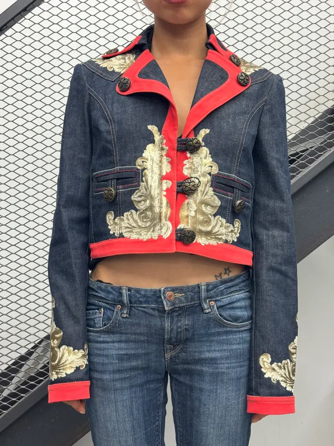 SS2007 Cavalli Navy & Red Royal Embroidered Cropped Denim Jacket dHUdacj 1