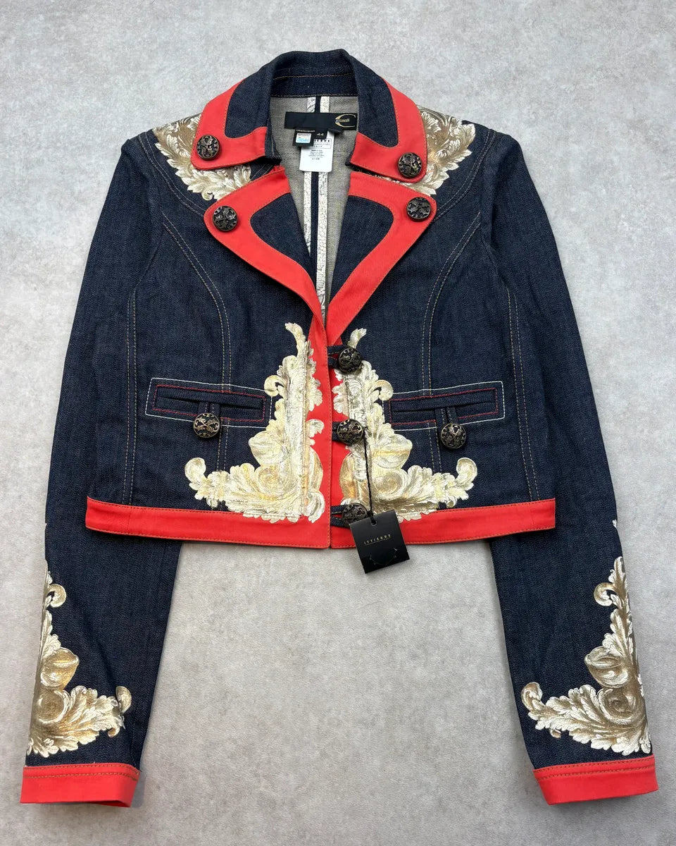 SS2007 Cavalli Navy & Red Royal Embroidered Cropped Denim Jacket dHUdacj 0