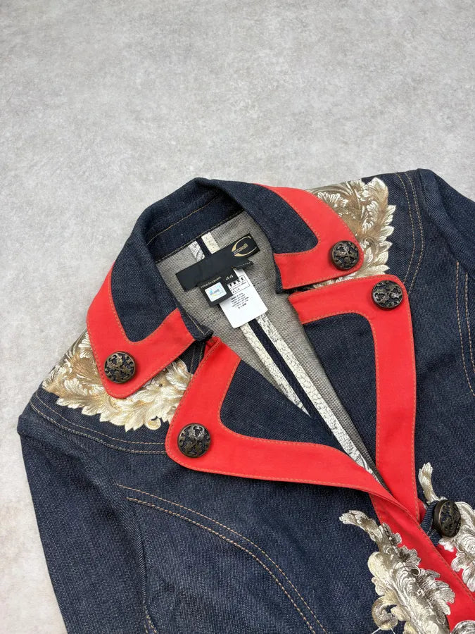 SS2007 Cavalli Navy & Red Royal Embroidered Cropped Denim Jacket dHUdacj 4