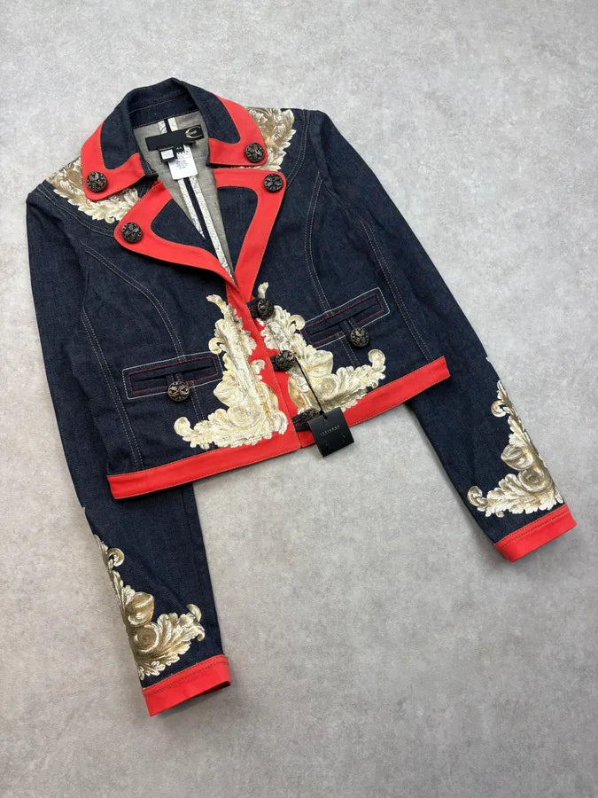 SS2007 Cavalli Navy & Red Royal Embroidered Cropped Denim Jacket dHUdacj 3