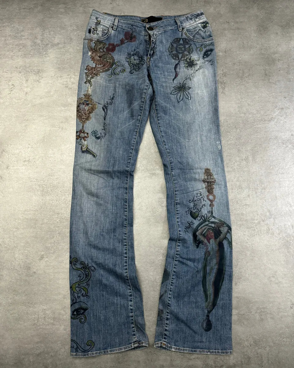 SS2007 Cavalli Painted Demoniac War Denim Pants cfxdNky 0