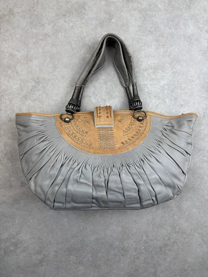SS2007 Dior Pleated Nude Grey Leather Shoulder Bag qApemkX 12