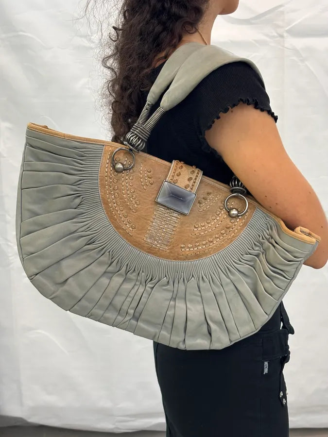 SS2007 Dior Pleated Nude Grey Leather Shoulder Bag qApemkX 2