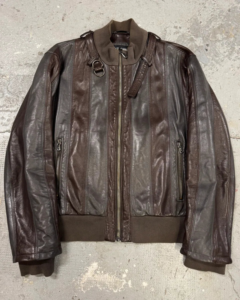 SS2007 Dolce & Gabbana Premia Lines Grey & Brown  Leather Biker Jacket (L) 0