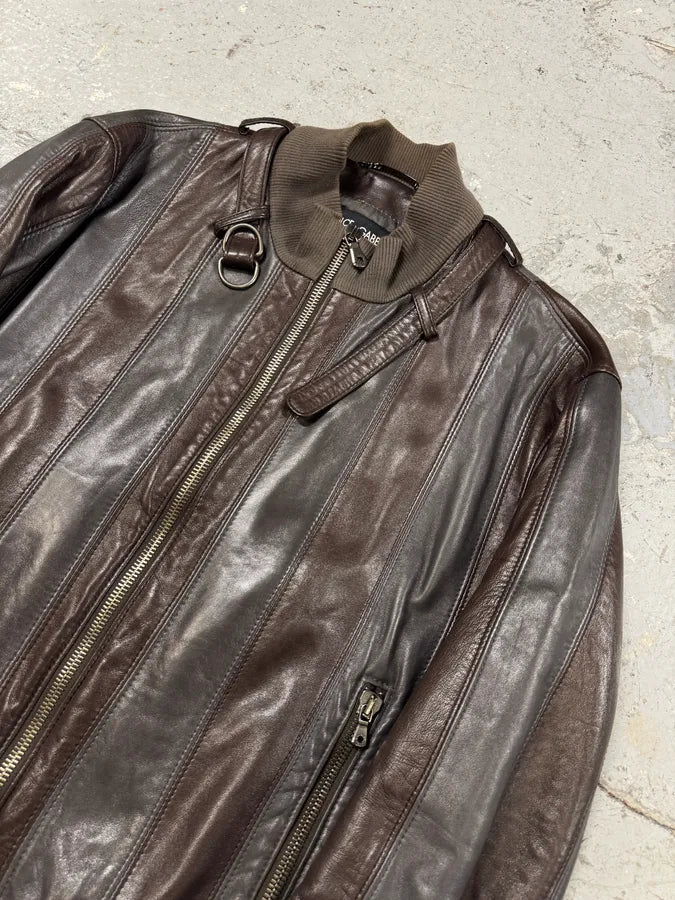 SS2007 Dolce & Gabbana Premia Lines Grey & Brown  Leather Biker Jacket (L) 2
