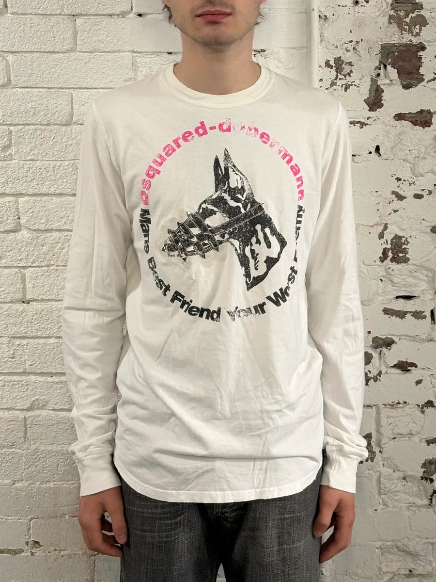 AW2007 Dsquared2 White Dobberman Dog Longsleeves T-Shirt sZdTEtm 2