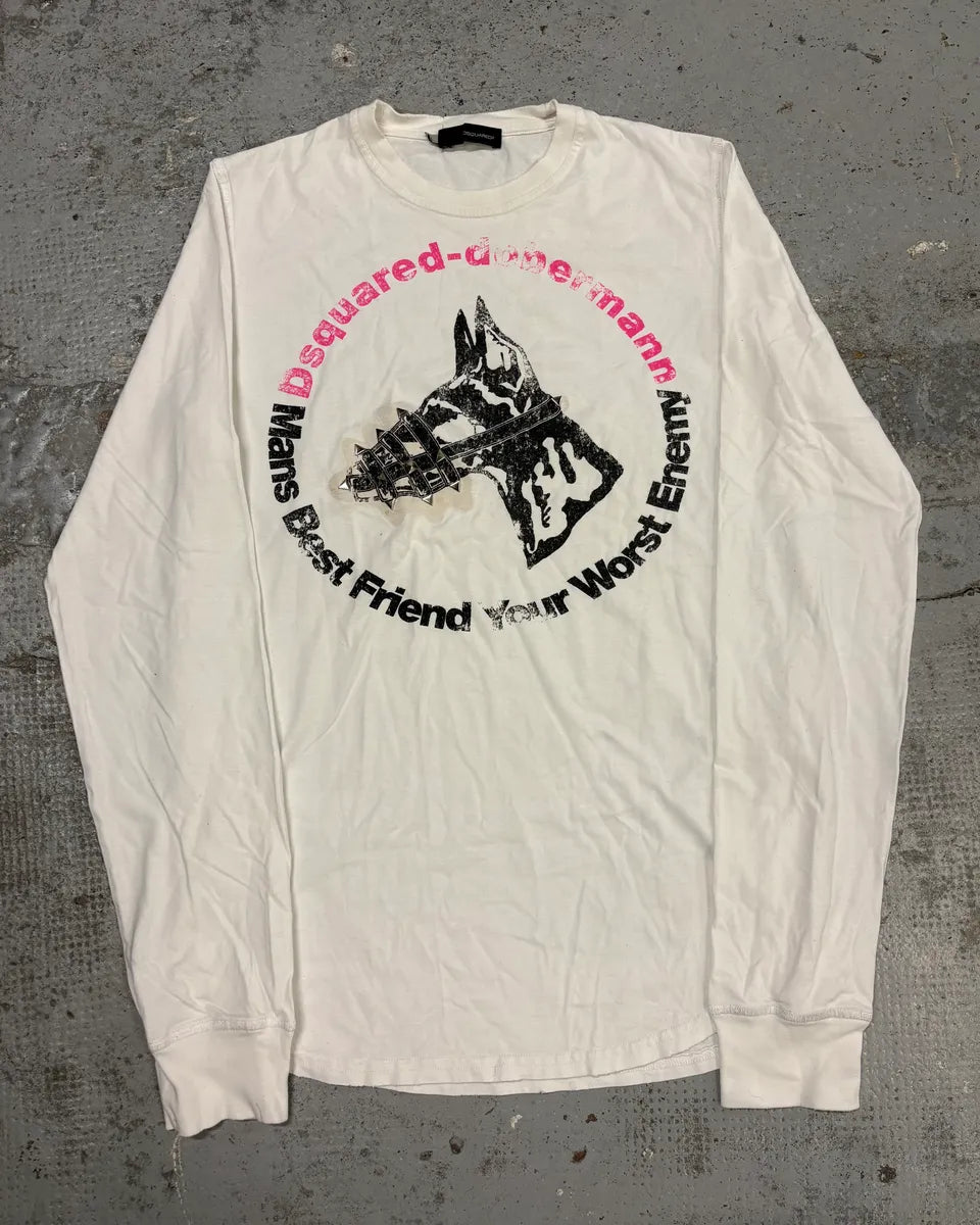 AW2007 Dsquared2 White Dobberman Dog Longsleeves T-Shirt sZdTEtm 0