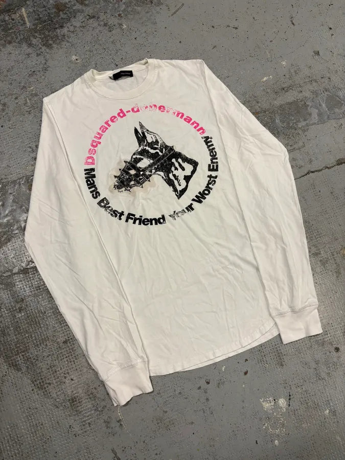 AW2007 Dsquared2 White Dobberman Dog Longsleeves T-Shirt sZdTEtm 4