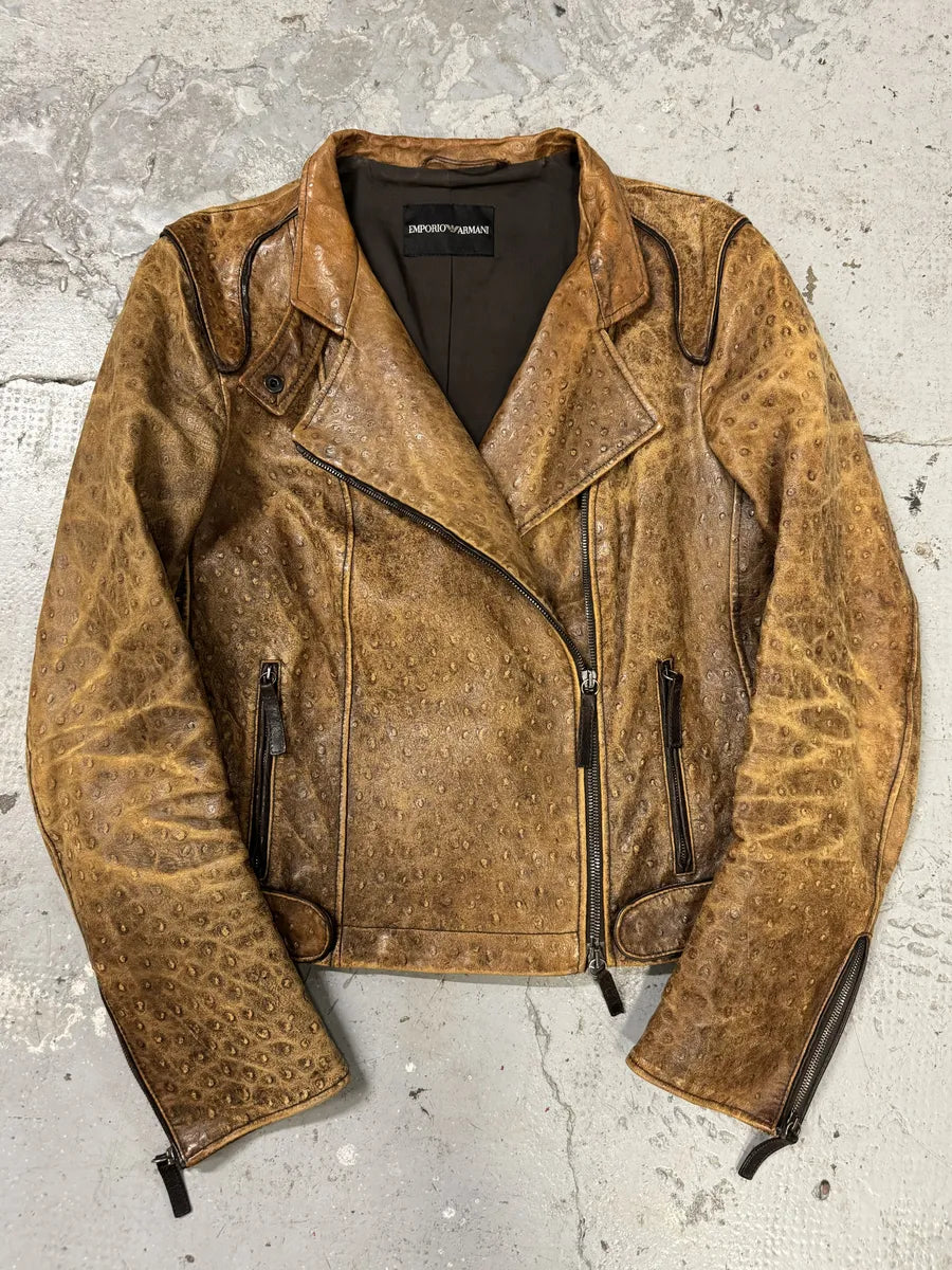 SS2007 Emporio Armani Asymmetrical Ostrich Embossed Leather Effect Camel Jacket (M/L) eJZiIni 0