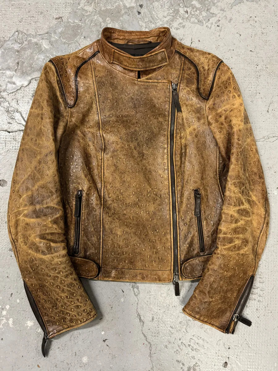 SS2007 Emporio Armani Asymmetrical Ostrich Embossed Leather Effect Camel Jacket (M/L) eJZiIni 1