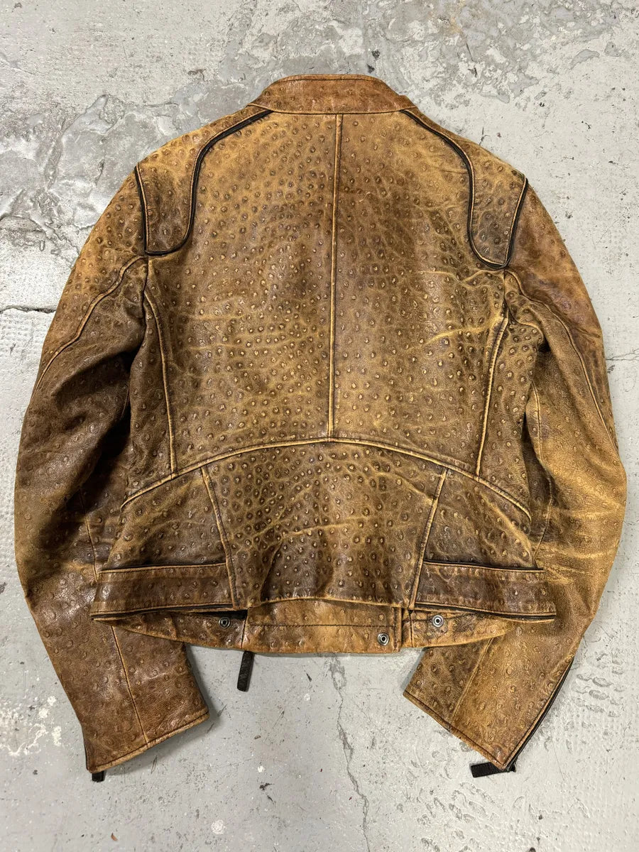 SS2007 Emporio Armani Asymmetrical Ostrich Embossed Leather Effect Camel Jacket (M/L) eJZiIni 2