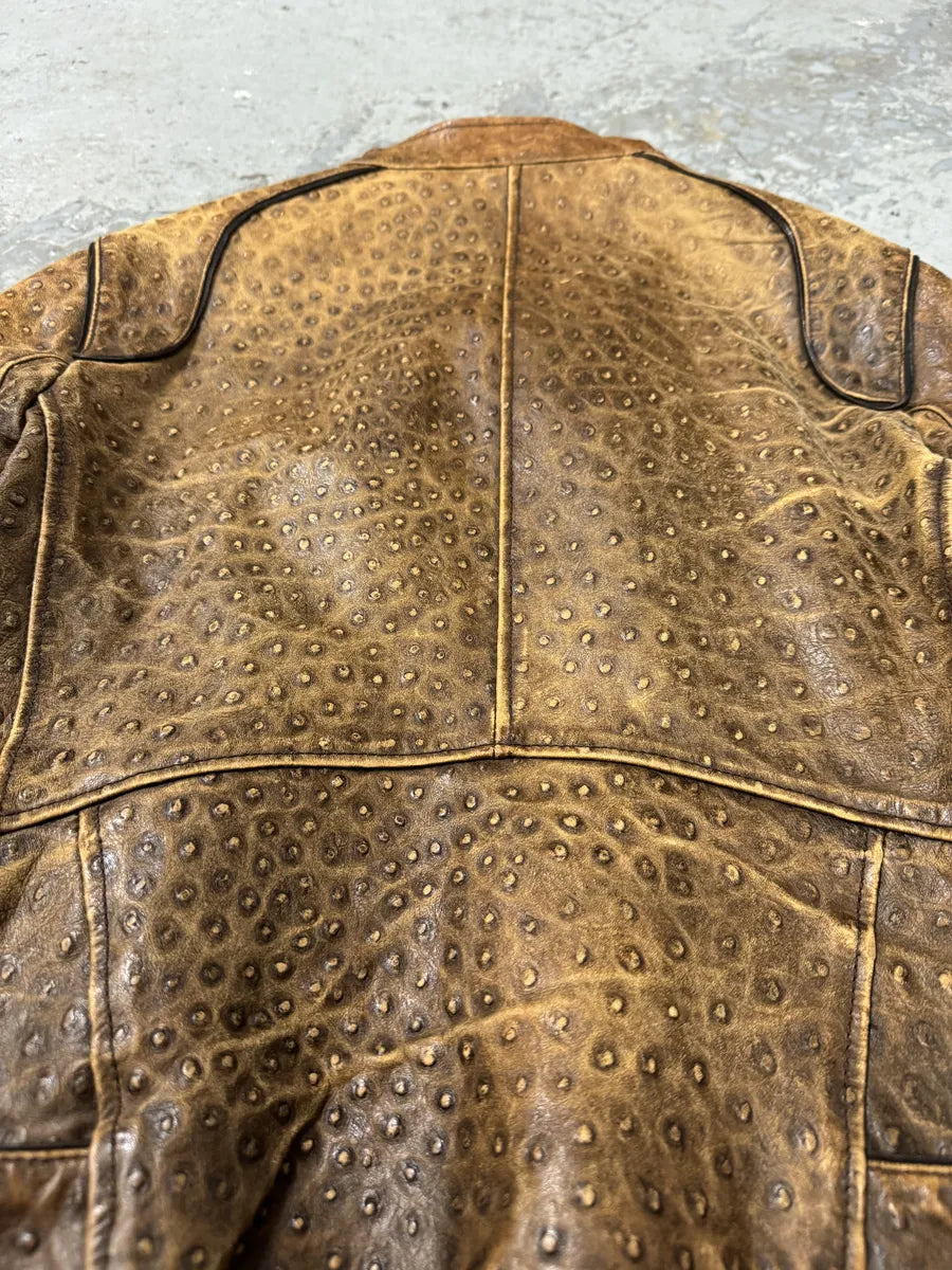 SS2007 Emporio Armani Asymmetrical Ostrich Embossed Leather Effect Camel Jacket (M/L) eJZiIni 3