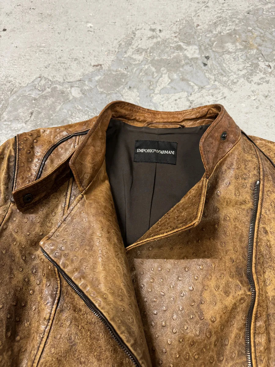 SS2007 Emporio Armani Asymmetrical Ostrich Embossed Leather Effect Camel Jacket (M/L) eJZiIni 4