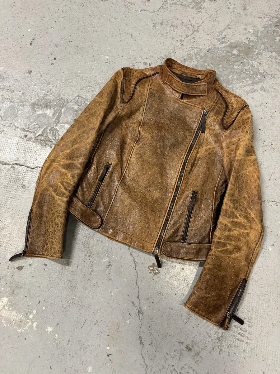 SS2007 Emporio Armani Asymmetrical Ostrich Embossed Leather Effect Camel Jacket (M/L) eJZiIni 5