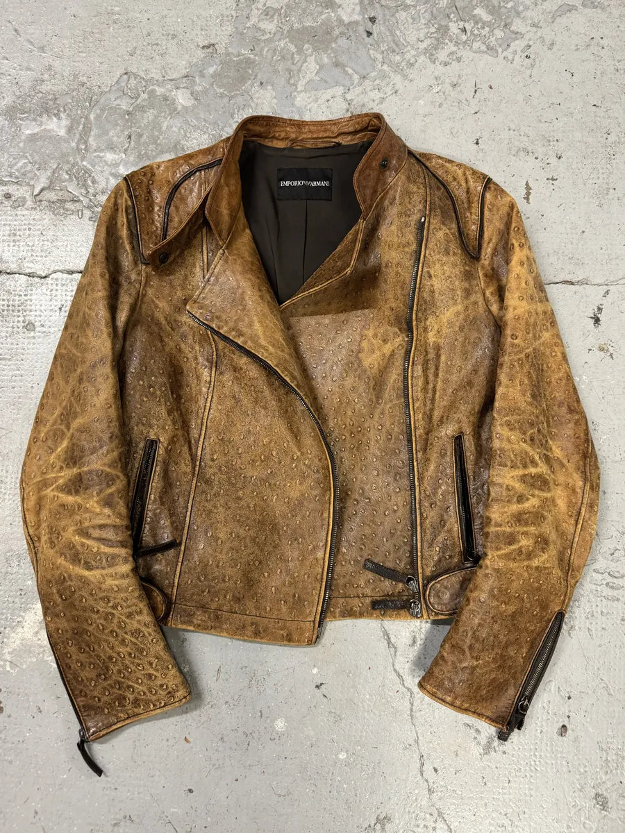 SS2007 Emporio Armani Asymmetrical Ostrich Embossed Leather Effect Camel Jacket (M/L) eJZiIni 6