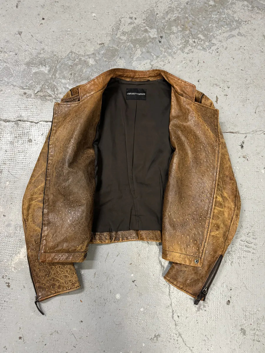 SS2007 Emporio Armani Asymmetrical Ostrich Embossed Leather Effect Camel Jacket (M/L) eJZiIni 7