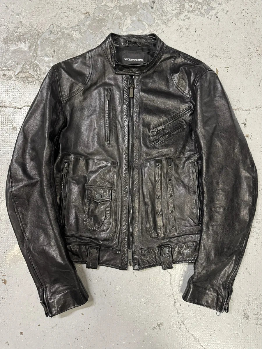 SS2007 Emporio Armani Black Utility Multi Zips Leather Jacket vfaROxL 0