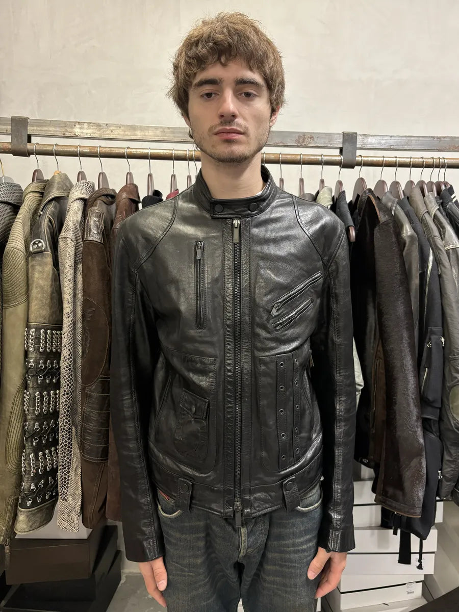 SS2007 Emporio Armani Black Utility Multi Zips Leather Jacket vfaROxL 1