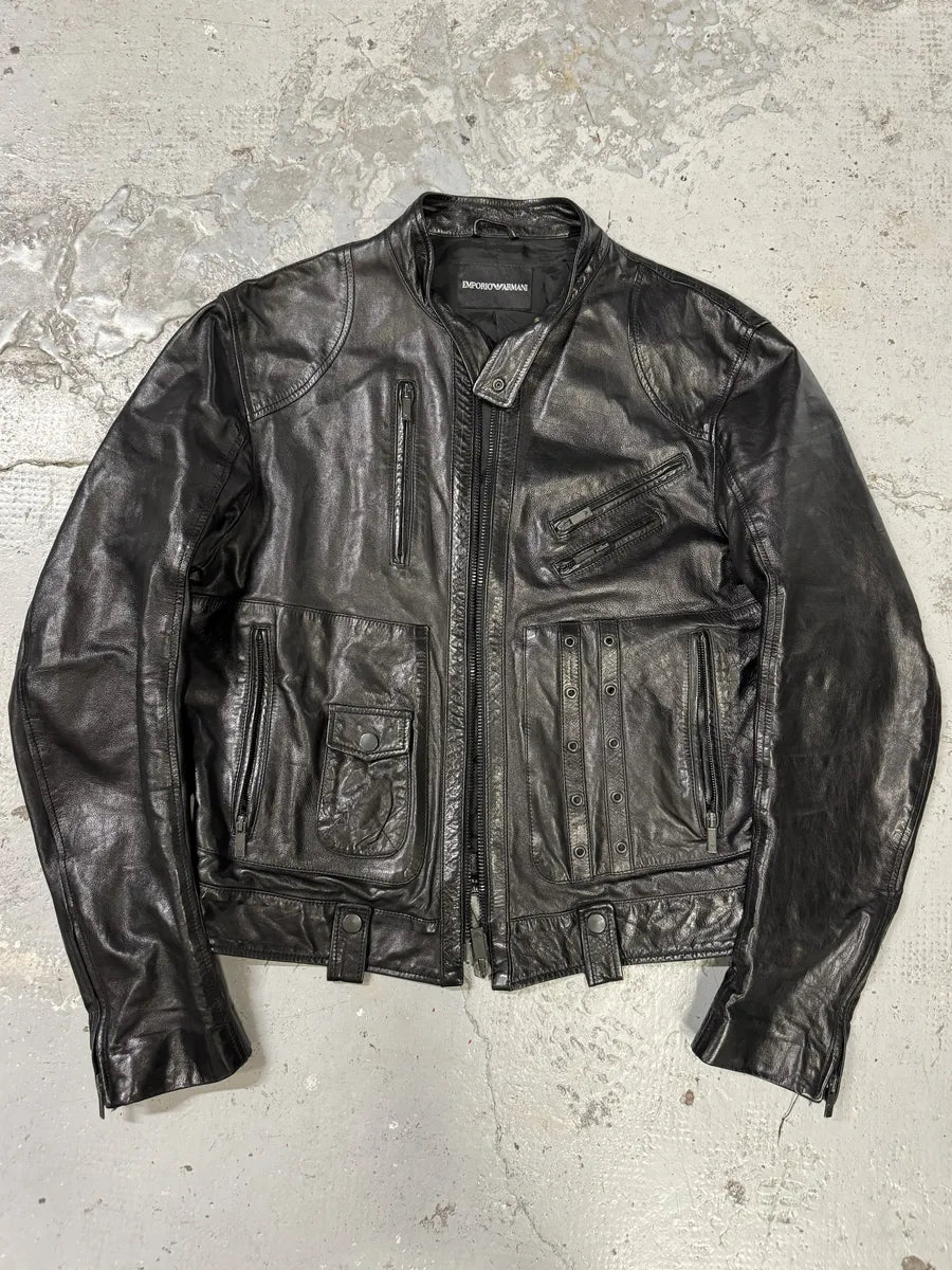 SS2007 Emporio Armani Black Utility Multi Zips Leather Jacket vfaROxL 3
