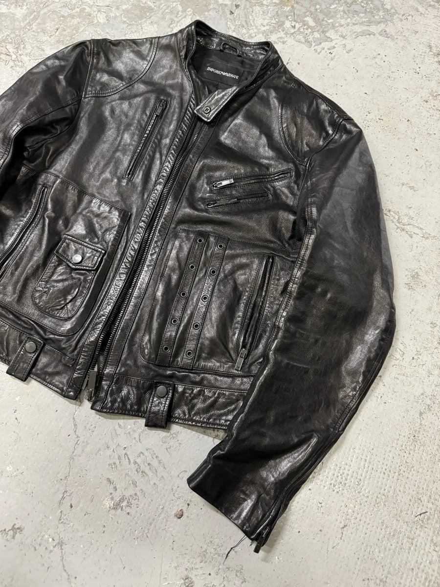 SS2007 Emporio Armani Black Utility Multi Zips Leather Jacket vfaROxL 5