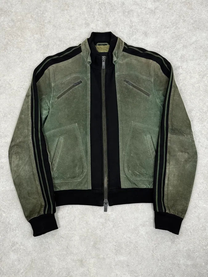 SS2007 Emporio Armani Green & Black Suede Leather Biker Jacket tRSIVTj 0