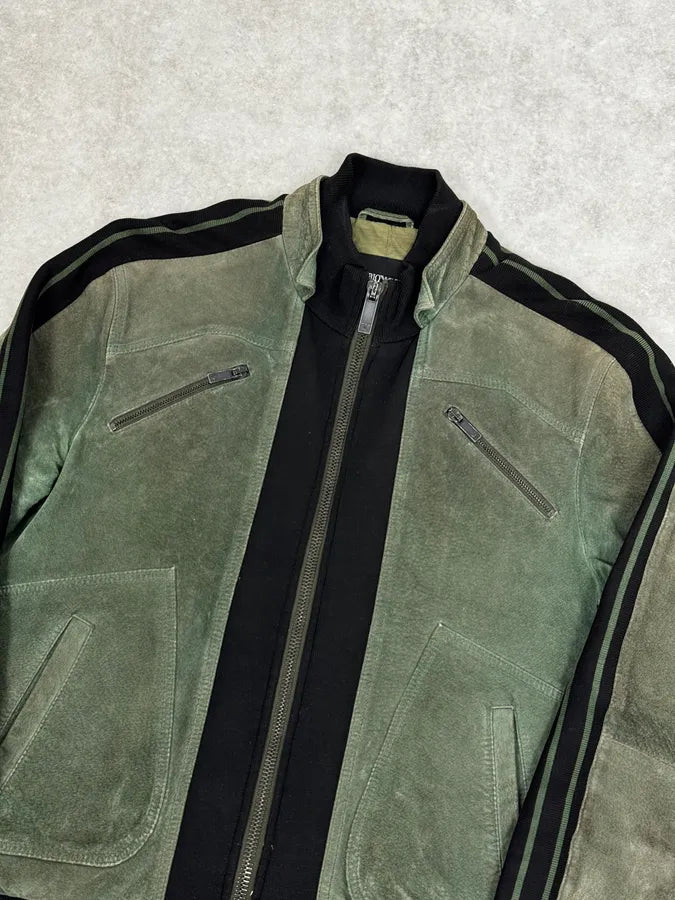 SS2007 Emporio Armani Green & Black Suede Leather Biker Jacket tRSIVTj 4