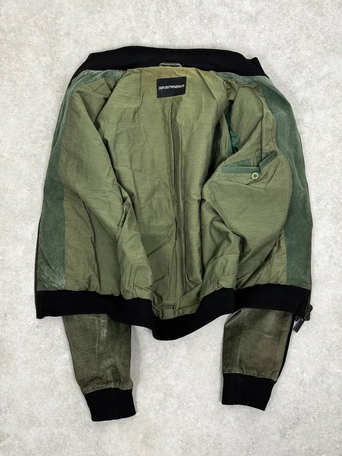 SS2007 Emporio Armani Green & Black Suede Leather Biker Jacket tRSIVTj 6