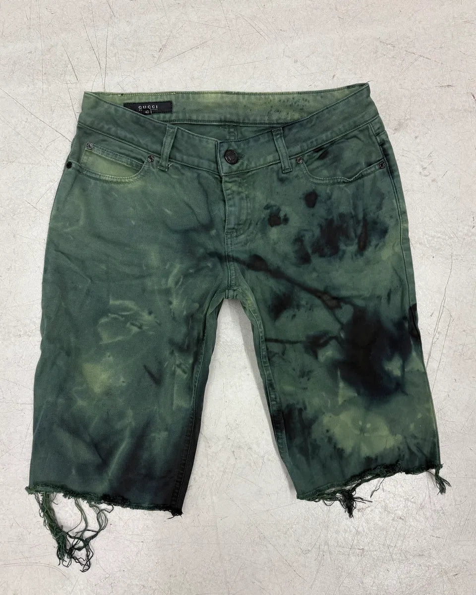 SS2007 Gucci Dark Green Distressed Denim Shorts by Frida Giannini FxbbkUB 0