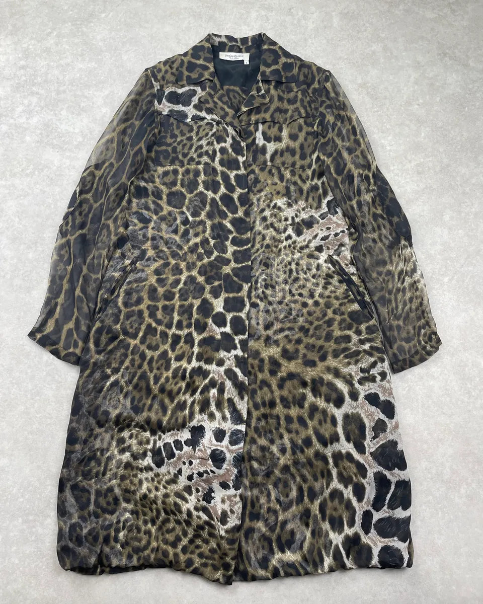 SS2007 Yves Saint Laurent Brown Silk Leopard Print Coat ajbubJr 0