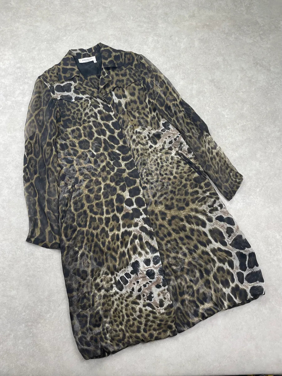 SS2007 Yves Saint Laurent Brown Silk Leopard Print Coat ajbubJr 3