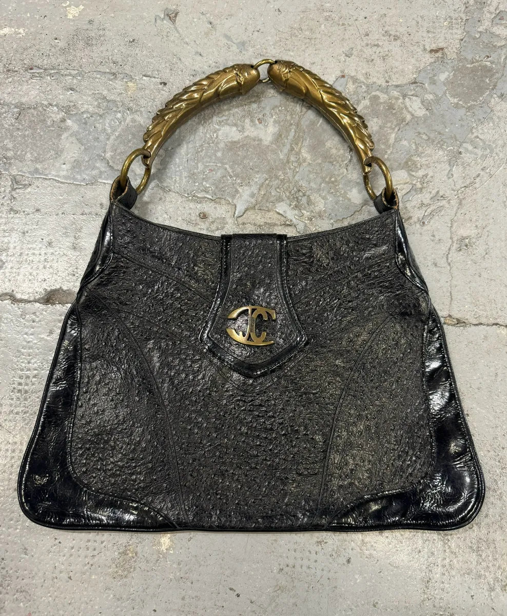 SS2008 Cavalli Black Gold Horn Ostrich Embossed Leather Handle Bag jEJiWFO 0