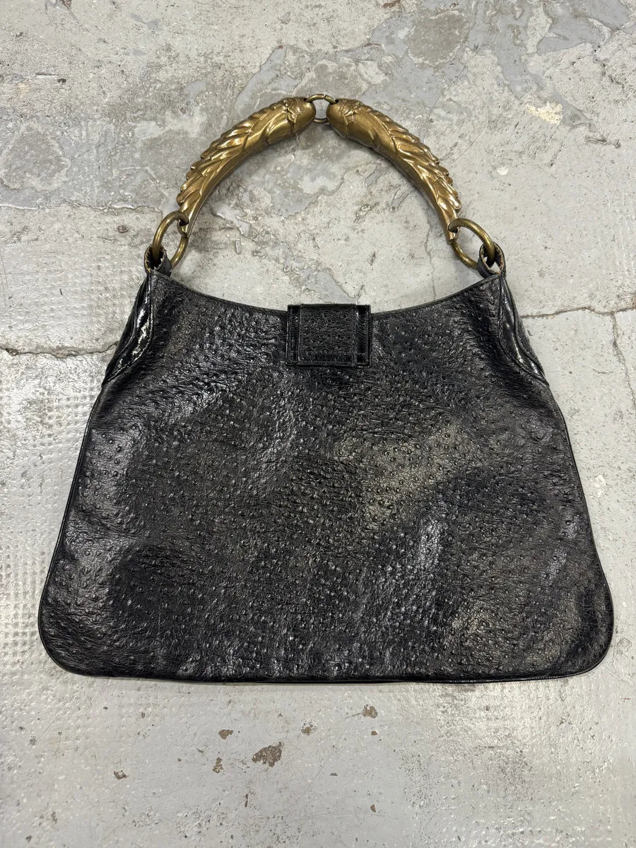 SS2008 Cavalli Black Gold Horn Ostrich Embossed Leather Handle Bag jEJiWFO 1