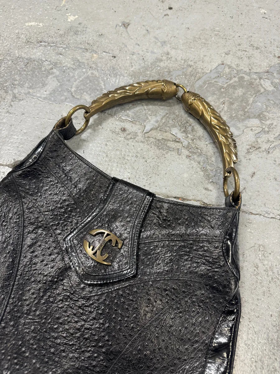 SS2008 Cavalli Black Gold Horn Ostrich Embossed Leather Handle Bag jEJiWFO 11