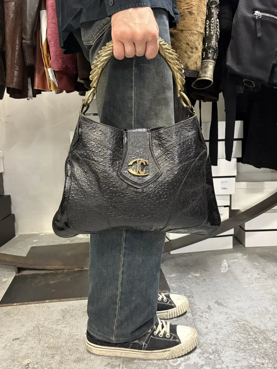 SS2008 Cavalli Black Gold Horn Ostrich Embossed Leather Handle Bag jEJiWFO 2