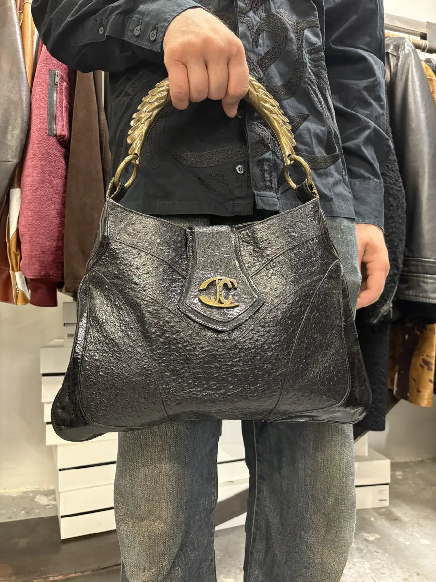 SS2008 Cavalli Black Gold Horn Ostrich Embossed Leather Handle Bag jEJiWFO 3