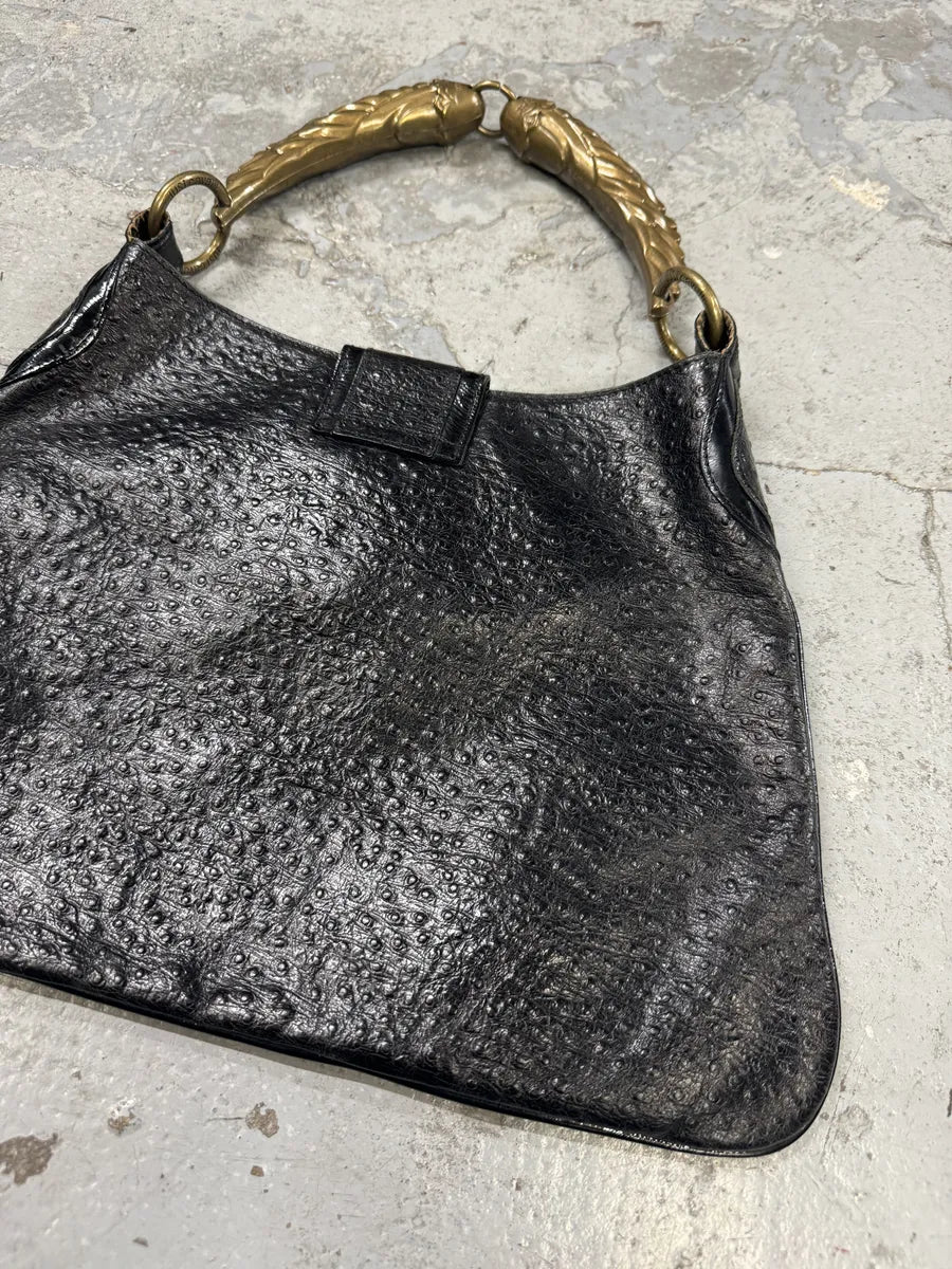 SS2008 Cavalli Black Gold Horn Ostrich Embossed Leather Handle Bag jEJiWFO 4