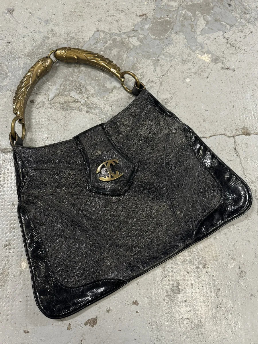 SS2008 Cavalli Black Gold Horn Ostrich Embossed Leather Handle Bag jEJiWFO 5