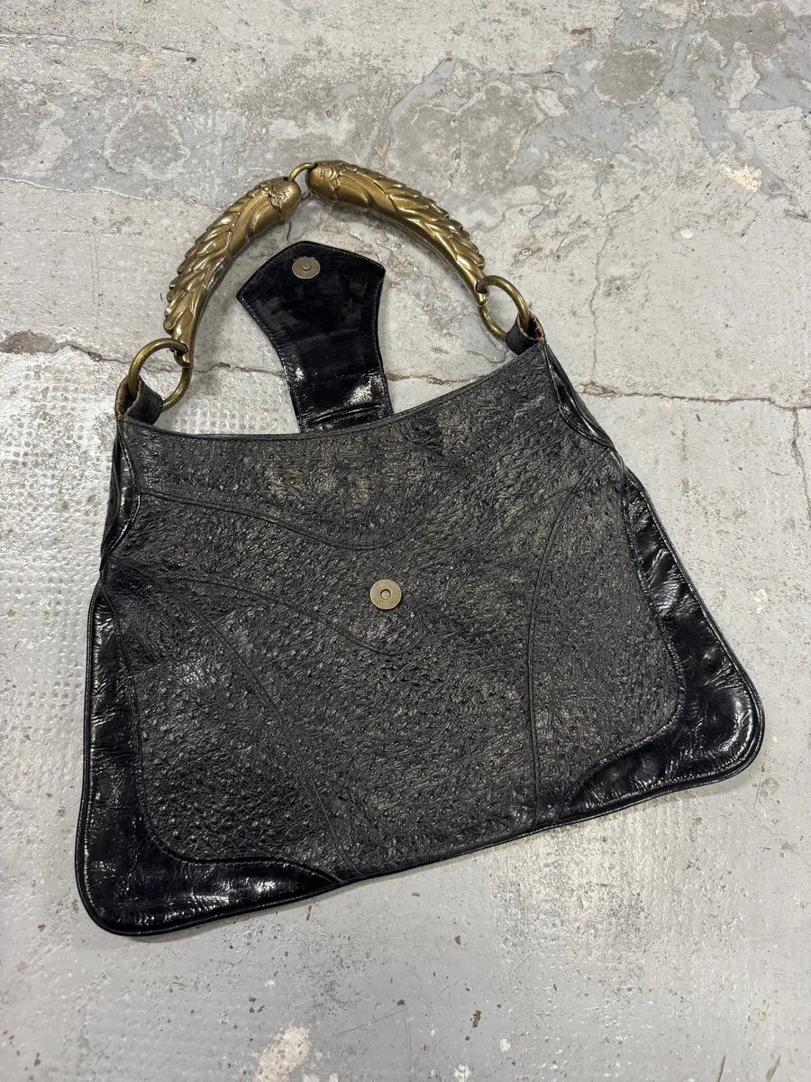 SS2008 Cavalli Black Gold Horn Ostrich Embossed Leather Handle Bag jEJiWFO 6