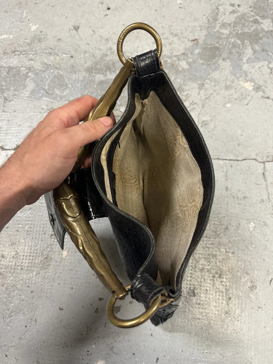 SS2008 Cavalli Black Gold Horn Ostrich Embossed Leather Handle Bag jEJiWFO 7