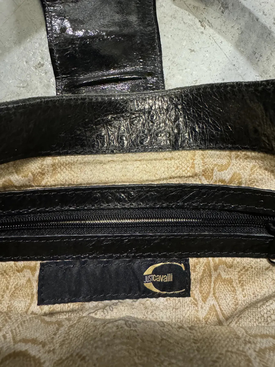 SS2008 Cavalli Black Gold Horn Ostrich Embossed Leather Handle Bag jEJiWFO 8