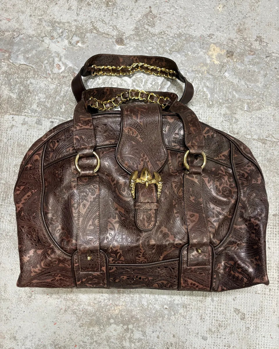 SS2008 Cavalli Brown Embroidered Flowers Leather Handle Bag (OS) ipoYxIL 0