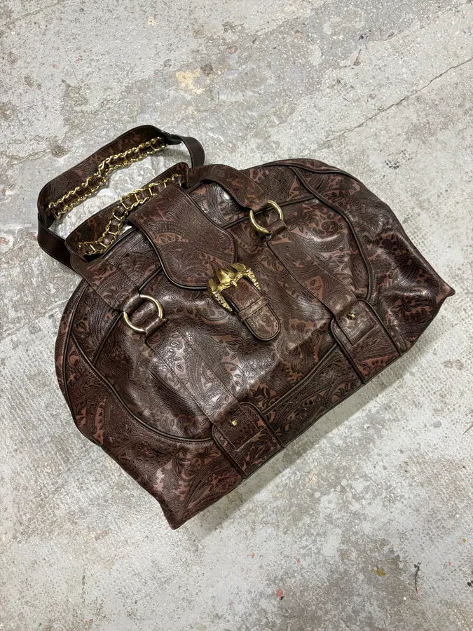 SS2008 Cavalli Brown Embroidered Flowers Leather Handle Bag (OS) ipoYxIL 2