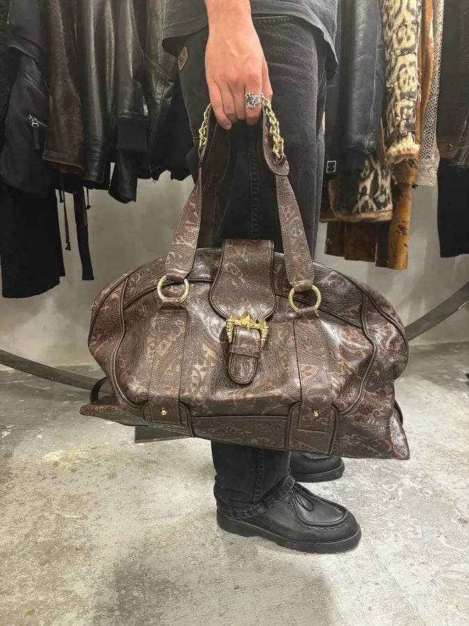 SS2008 Cavalli Brown Embroidered Flowers Leather Handle Bag (OS) ipoYxIL 1