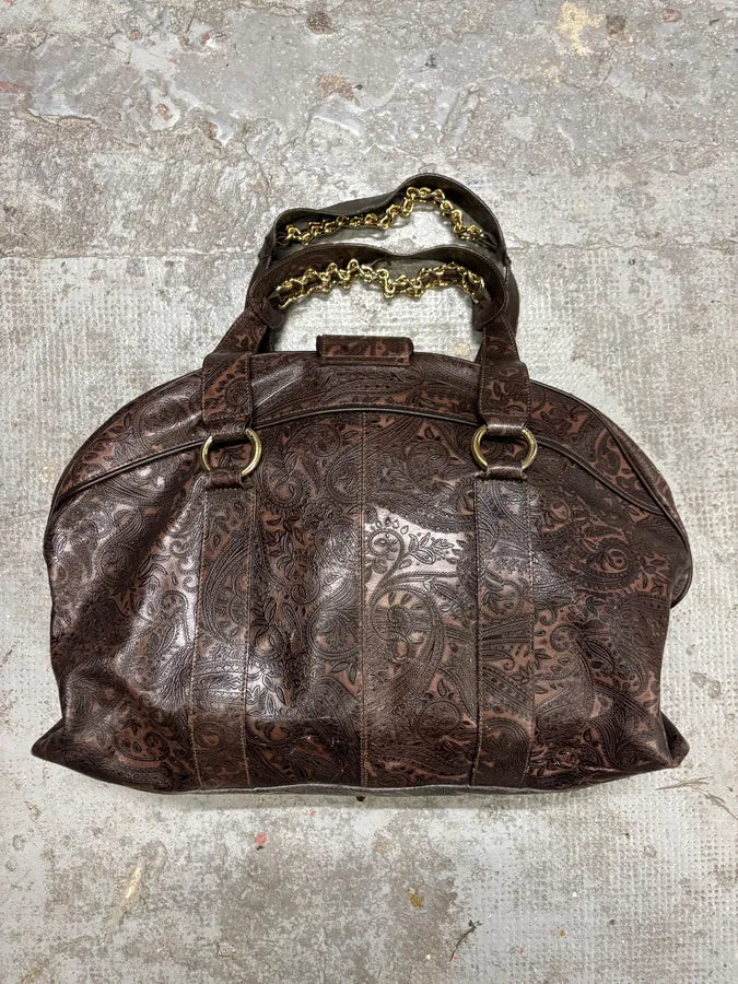 SS2008 Cavalli Brown Embroidered Flowers Leather Handle Bag (OS) ipoYxIL 3